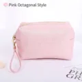 Portable pink cross-grain PU leather cosmetic bag with waterproof storage finish - Octagonal Style / Pink