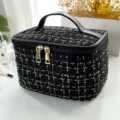 Premium large-capacity black tweed cosmetic bag with elegant gold accents and sturdy handle - 21*14*14 / Black
