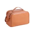 Große braune PU-Leder-Kosmetiktasche mit goldener Aufschrift für Reisen und Waschen - Doppelreißverschluss-Stil / Braun
