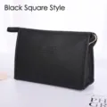 Premium black rectangular cross-grain PU leather cosmetic bag with waterproof design - Square Style / Black
