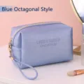 Portable blue octagonal cosmetic bag in waterproof cross-grain PU leather for travel - Octagonal Style / Blue