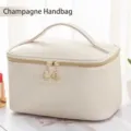 Elegant champagne cross-grain PU leather waterproof toiletry makeup storage bag - Handbag Style / Champagne