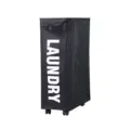 Slim black laundry hamper with wheels and white LAUNDRY print on white background. - Black