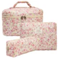 Three-piece quilted cotton floral cosmetic bag set in light pink and green colors - Pink Marble Pattern