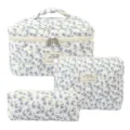 Set of 3 quilted floral cotton makeup bags featuring delicate blue flower patterns - Blue Peacock Flower