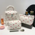 Three-piece white corduroy cosmetic bag set featuring cute strawberry print pattern - Barrel Bag / 19.5x15.5x14.5cm / Strawberry White