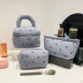 3-piece set of light blue corduroy cosmetic bags with a cute red strawberry print - Barrel Bag / 19.5x15.5x14.5cm / Strawberry Blue