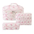 Quilted cotton floral makeup bag three-piece set with pink rose and ribbon pattern - Diamond Pink Bow