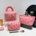 Pink corduroy makeup bag set with cute strawberry print pattern for travel storage - Barrel Bag / 19.5x15.5x14.5cm / Strawberry Pink