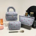 Set of three blue corduroy makeup bags with cute strawberry prints for travel - Bucket Handbag / 19.5x15.5x14.5cm / Strawberry Blue