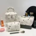 Premium cute white corduroy cosmetic bag set with bear print for travel organization - Bucket Handbag / 19.5x15.5x14.5cm / White Heart Bear