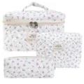 Set of 3 white quilted cotton cosmetic bags with red cherry pattern for travel storage - Small Cherry