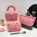 Three-piece set of pink corduroy cosmetic bags featuring cute bear and heart prints - Heart Bear Pink
