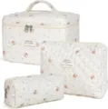 Three-piece floral quilted cotton cosmetic bag set for organized travel storage and makeup - Tiny Flower