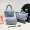 Light blue corduroy travel cosmetic bag set featuring cute bear and heart prints - Heart Bear Blue