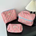 Red gingham quilted cotton makeup bag set with cute blue bow patterns for travel - Red Plaid