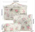Set of three floral quilted cotton makeup bags with clear dimensions for travel storage - Pink Flower