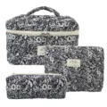Three-piece navy floral quilted cotton cosmetic bag set for travel and storage - Black Rose Pendant