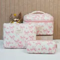 Three-piece quilted cotton makeup bag set with cute pink bow and heart prints - Heart Pattern Bow