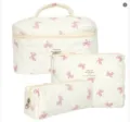 Set of three cream quilted cotton cosmetic bags with cute pink ribbon pattern print - Pink Bowknot