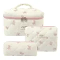 Cute quilted cotton makeup bag set in white with pink bow pattern and zip closure - White with Pink Bows