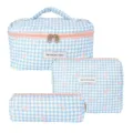 Set of three blue gingham quilted cotton cosmetic bags decorated with pink bow patterns. - Blue Small Plaid