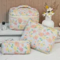 Floral quilted cotton cosmetic bag set with three sizes for travel storage - Multicolor Oil Painting Style
