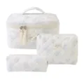 3-piece floral quilted cotton cosmetic bag set with blue flower pattern and top handle - Blue Rose