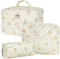 Three-piece set of cream quilted cotton makeup bags with delicate yellow floral print - Yellow Base Orange Flower