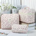 Three-piece leopard print quilted cotton cosmetic bag set for travel organization - Pink Leopard