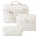 Three-piece white floral quilted cotton cosmetic bag set with convenient top handle - Pink Rose