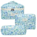Blue floral quilted cotton cosmetic bag set with top handle and zip closure for travel - Deep Blue Circles