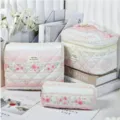 Elegant pink floral quilted cotton cosmetic bag set with zipper for travel makeup storage - Rose Lace