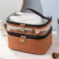 Premium dubbellaagse bruine PU en transparante PVC reis cosmetische make-up tas - 23*17*15.5cm / Bruin