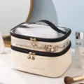 Elegante dubbellaagse crème PU-make-uptas met transparant bovengedeelte en reisopdruk - 23*17*15.5cm / Beige