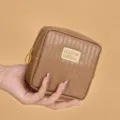 Square mocha brown quilted portable makeup storage pouch in a compact 11x5x11cm size - Mocha Brown