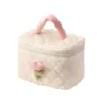Cream quilted corduroy cosmetic bag with pink handle and tulip flower decoration - L / Off White