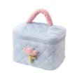 Quilted light blue corduroy cosmetic bag with pink handle and tulip flower applique - L / Light Blue