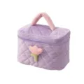 Purple corduroy cosmetic bag with 3D tulip flower decoration and pink handle - L / Taro Purple