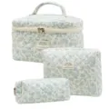 Set of three blue floral quilted cotton cosmetic bags and travel toiletry pouches - L / 25x16x16cm / White with Blue Flowers