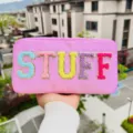 Portable pink nylon makeup bag with colorful chenille STUFF letter embroidery patch - Pink