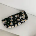 Macro detail of white floral daisy embroidery on a minimalist black canvas makeup bag - Pencil Case / 19x7.5x4cm / Black