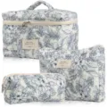 Floral quilted cotton makeup bag set, 3-piece blue flower toiletry organizer bags - L / 25x16x16cm / Dark Blue Flowers