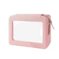 Vista dettagliata di una trousse per cosmetici compatta in pelle PU rosa con finestra - Rosa