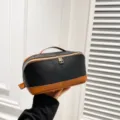 Große Kosmetiktasche aus schwarzem und braunem PU-Leder mit strukturierter Palmenmaserung. - 26x13x13cm / Normales Schwarz