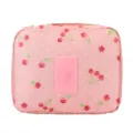 Pink floral cherry print travel makeup bag with waterproof fabric and zipper closure - Pink Cherry