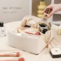 Large waterproof travel makeup bag in elegant cream white color with zipper divider. - Italian Cream White / Customizable Logo