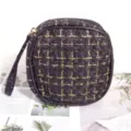 Mini trousse à maquillage en tweed noir et doré avec dragonne et motif à carreaux chic - 14*13*5.5 / Noir Premium