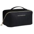Premium black ribbed waterproof cosmetic bag with gold handle and zipper details - Italian Extreme Black / Customizable Logo