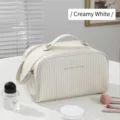 Elegant large cream white pleated cosmetic bag featuring double gold zippers and handle - Italian double pull cream white [increase capacity]] / Customizable Logo